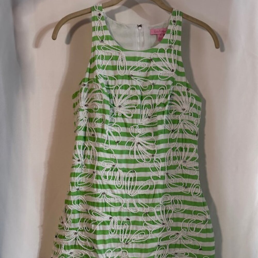 Lilly Pulitzer Green and White Embroidered Roswell Jeweled Shift Dress Size 2
